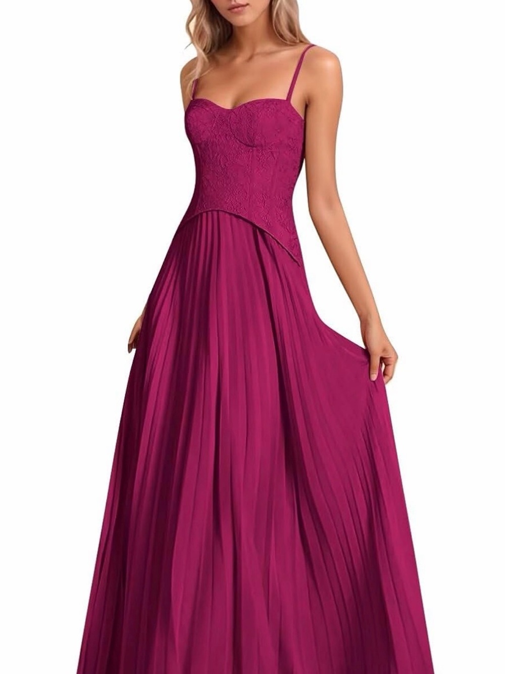 Fuchsia Lace Bodice Maxi Dress with Spaghetti Straps